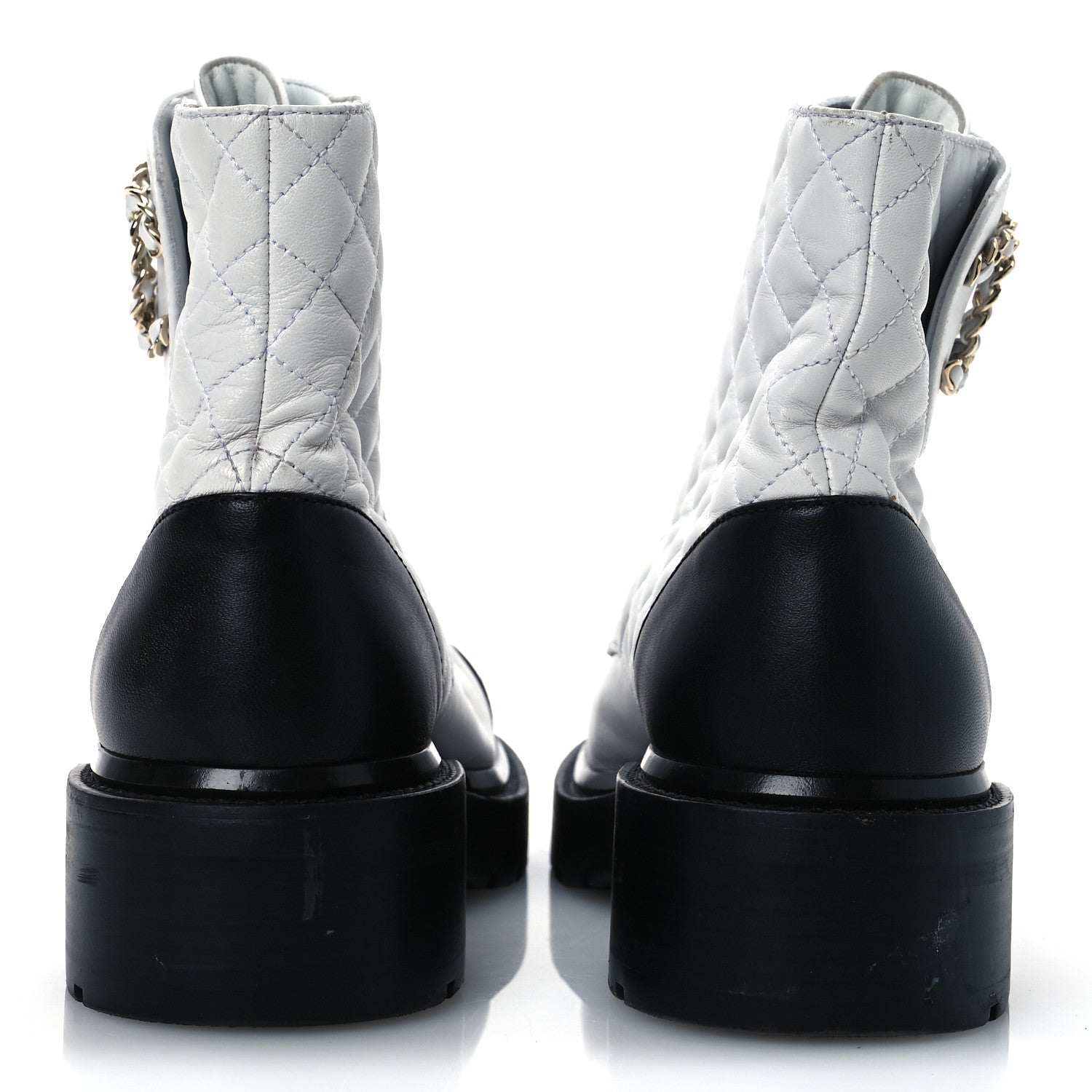 Shiny Lambskin Quilted Lace Up Combat Boots 39.5 White Black