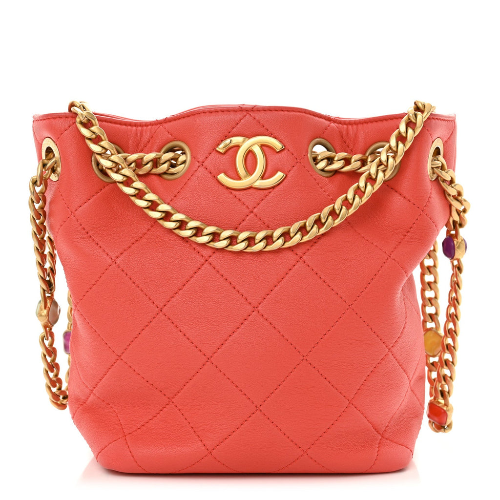 Lambskin Resin Quilted Small Pearl Samba Bucket Bag Dark Pink