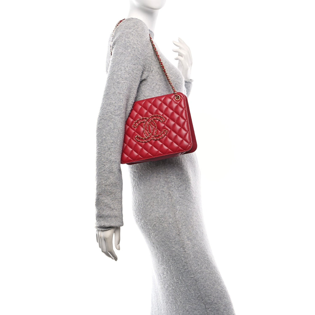 Calfskin Quilted CC Chain Accordion Tote Red