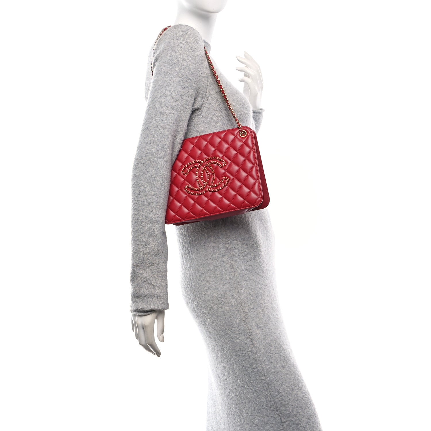 Calfskin Quilted CC Chain Accordion Tote Red