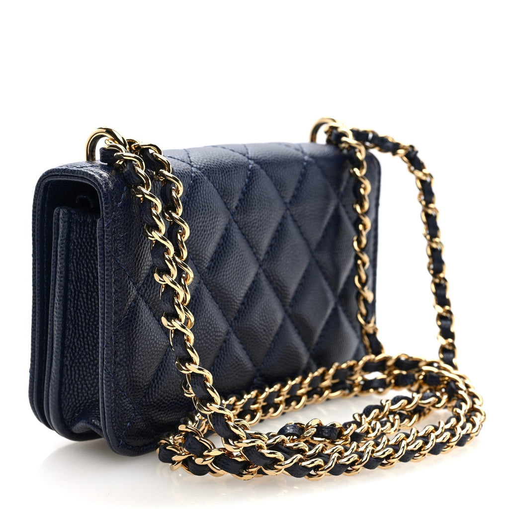 Caviar Quilted Pocket Twins Clutch With Chain Navy Blue