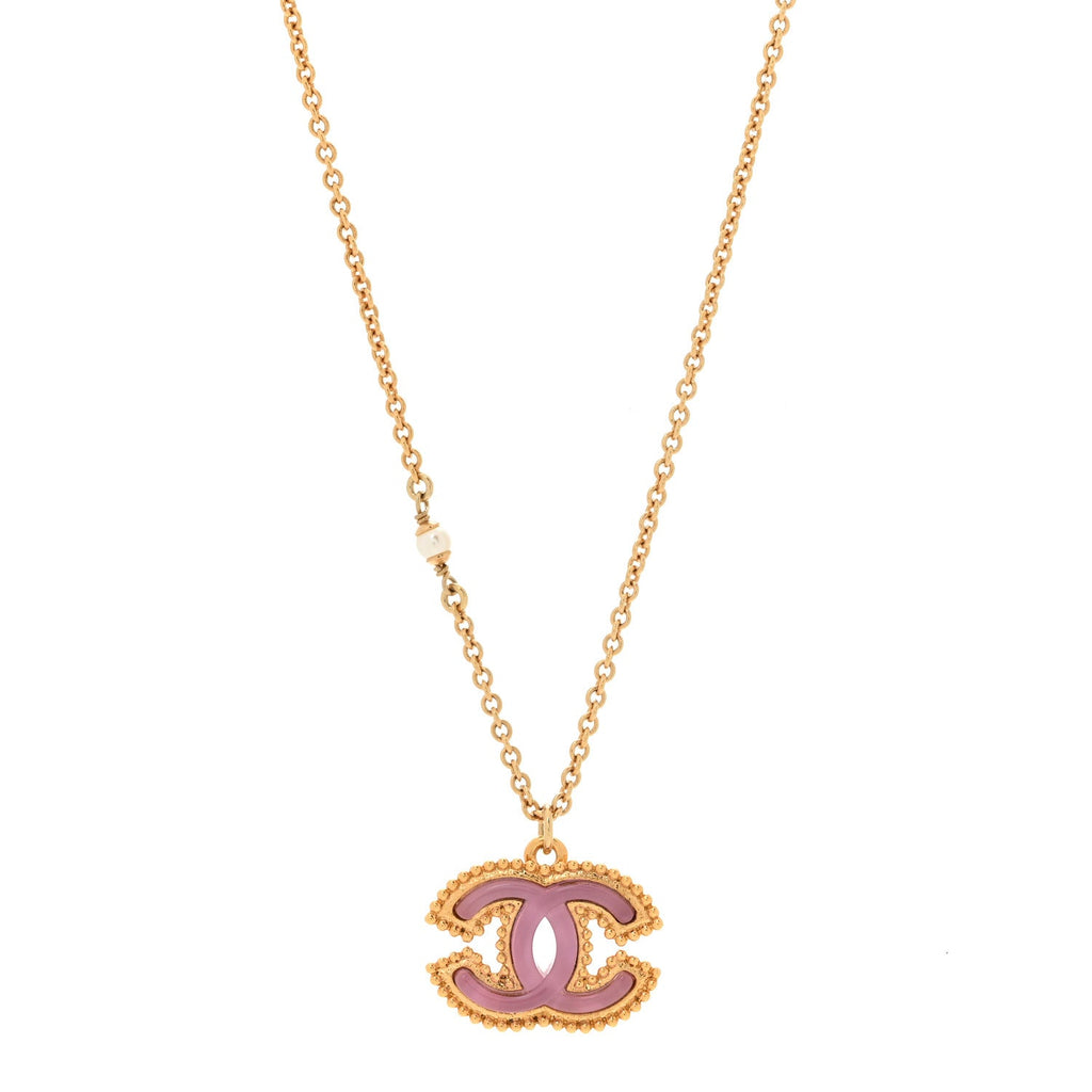Metal Enamel Pearl CC Chain Necklace Pendant Gold Pink