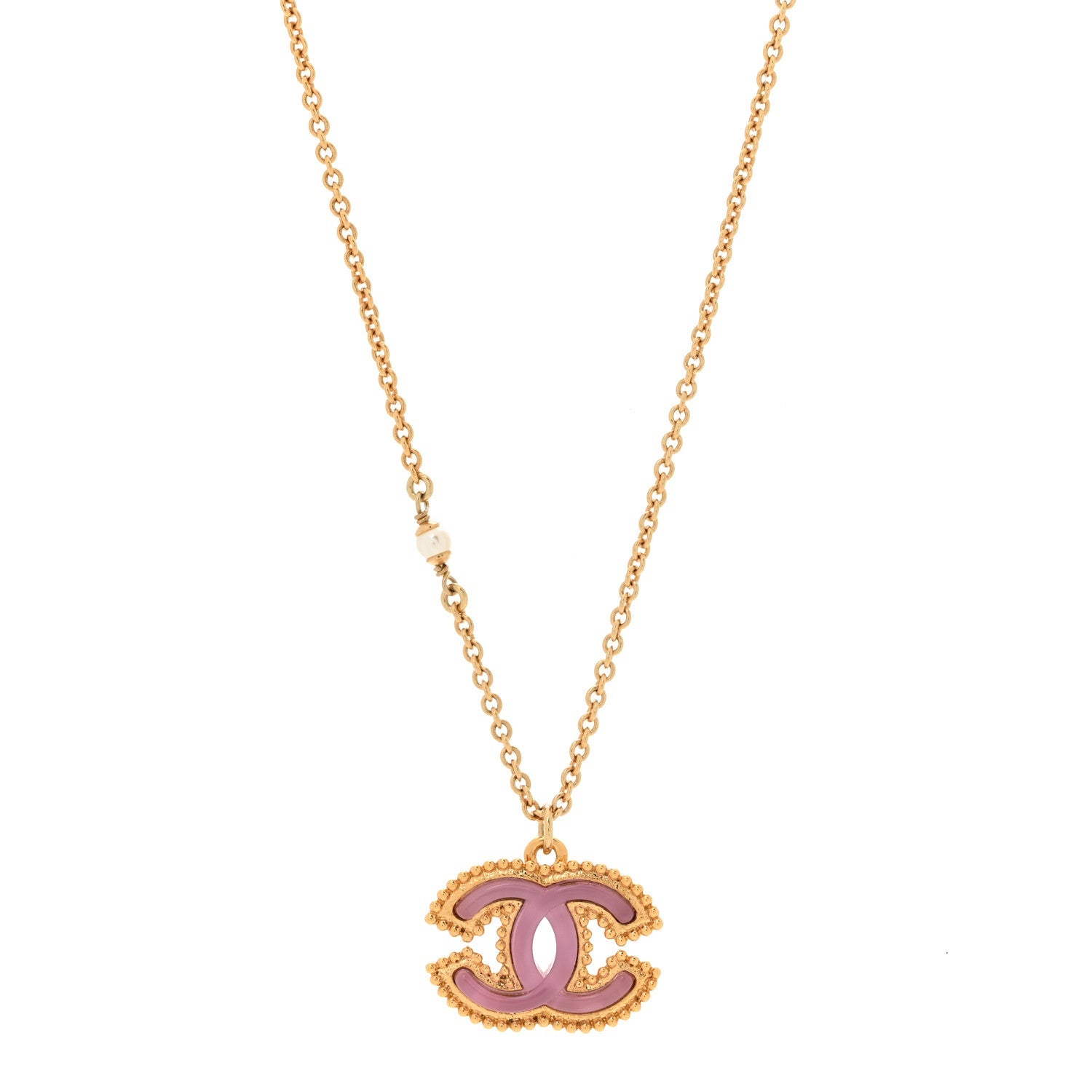 Metal Enamel Pearl CC Chain Necklace Pendant Gold Pink