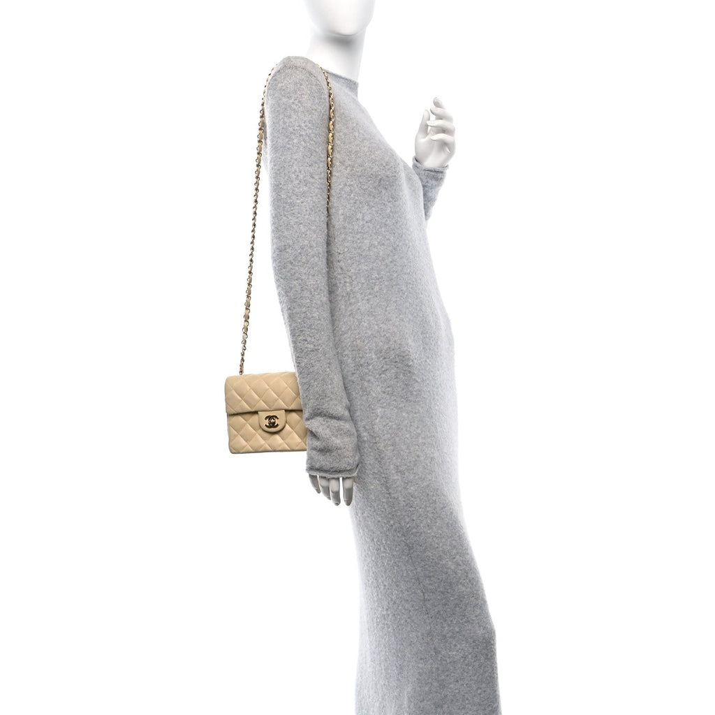 Lambskin Quilted Mini Square Flap Beige