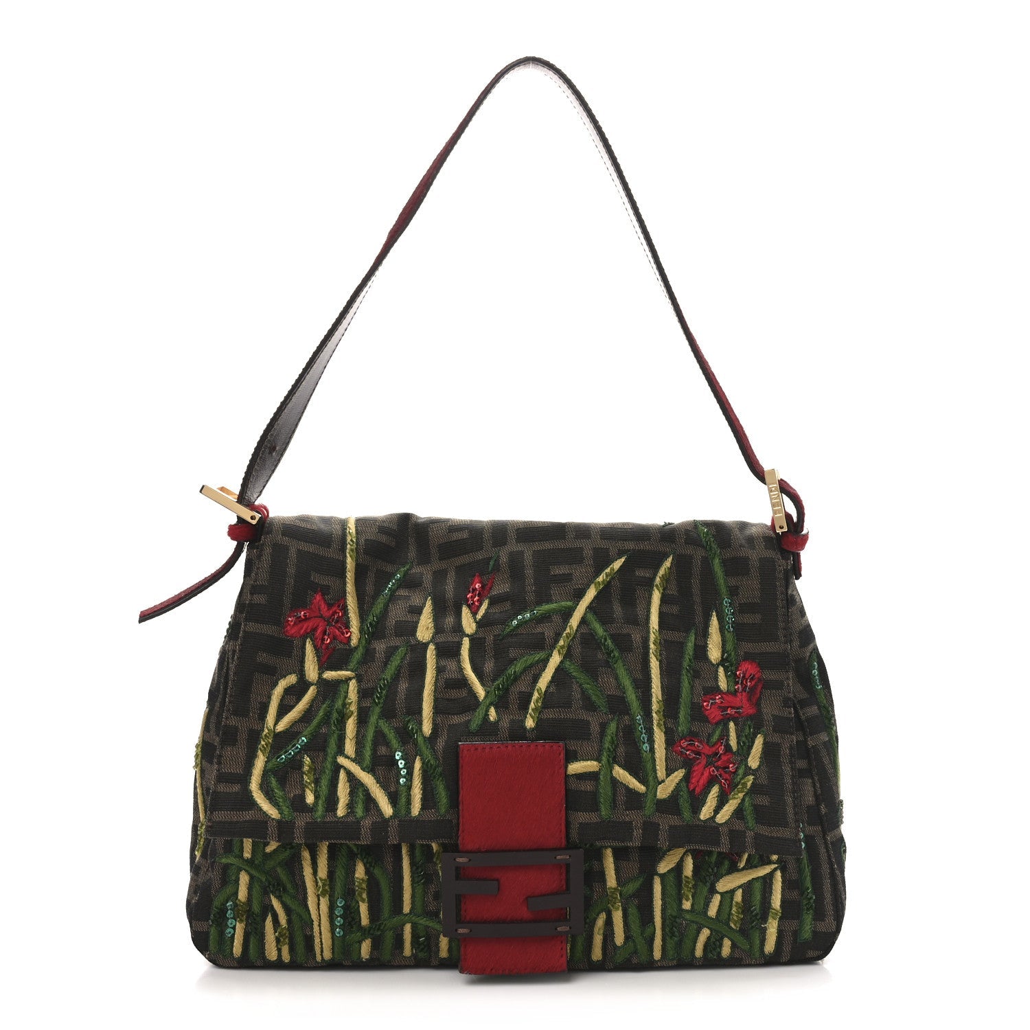 Zucca Pony Hair Embroidered Mama Baguette Tobacco Rosso