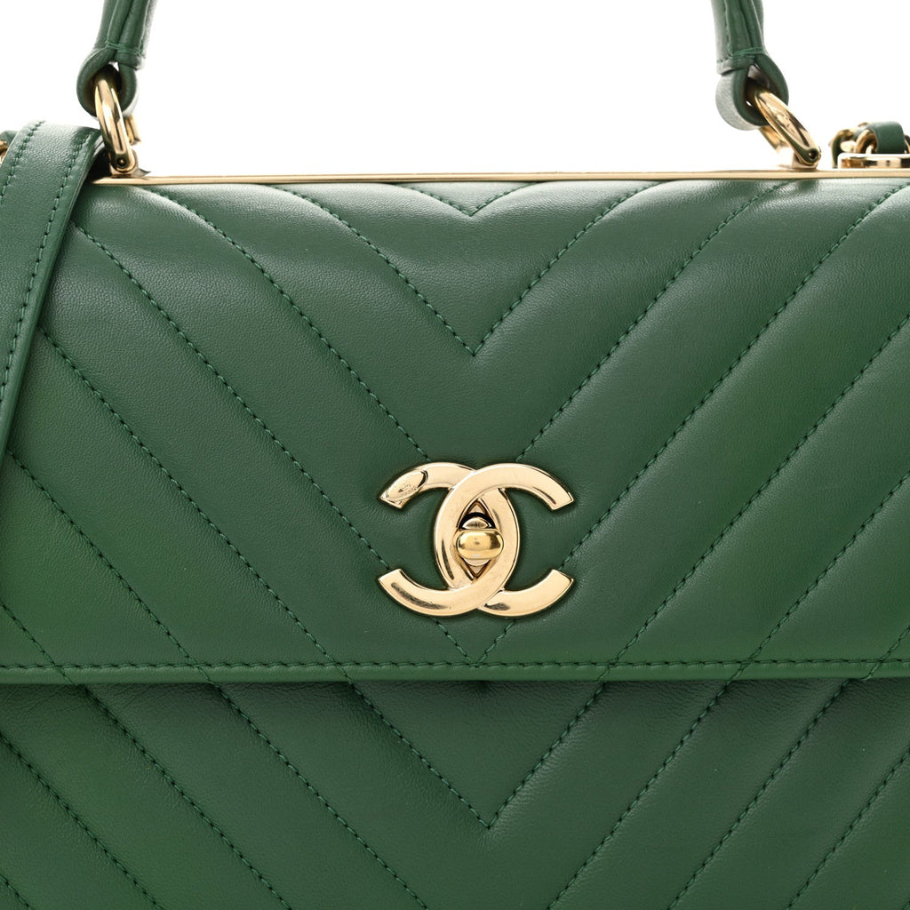 Lambskin Chevron Quilted Small Trendy CC Dual Handle Flap Bag Green