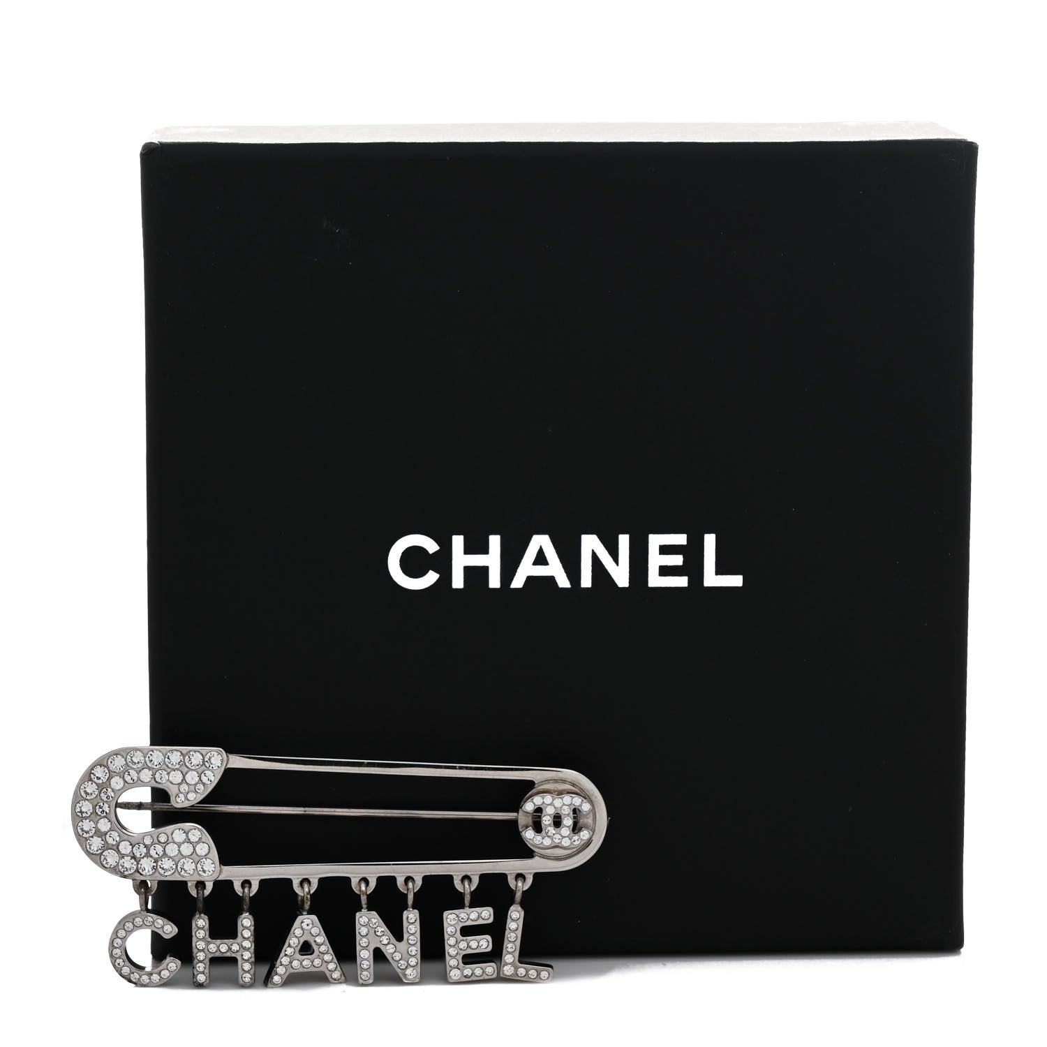 Crystal Safety Pin Brooch Silver