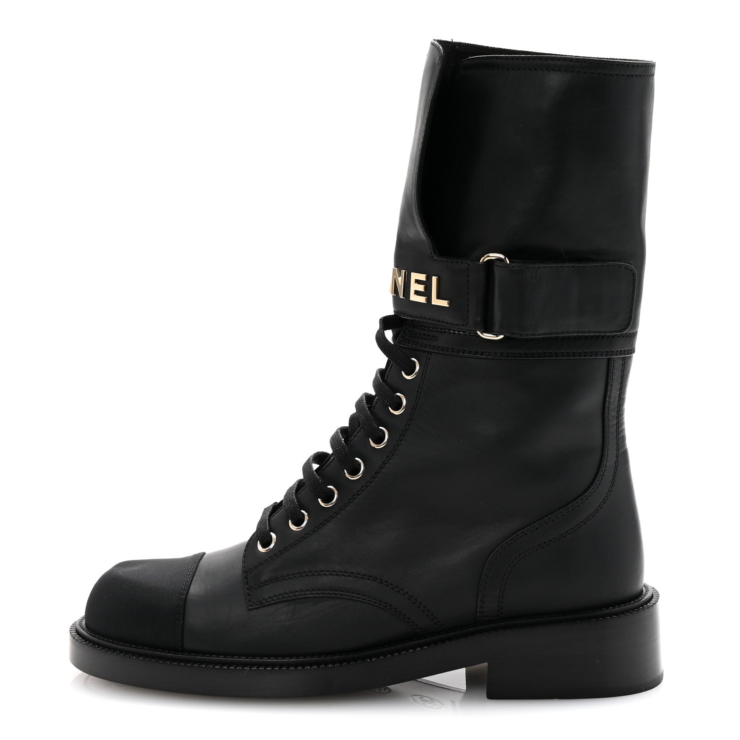 Shiny Calfskin Lace Up Combat Boots 38 Black