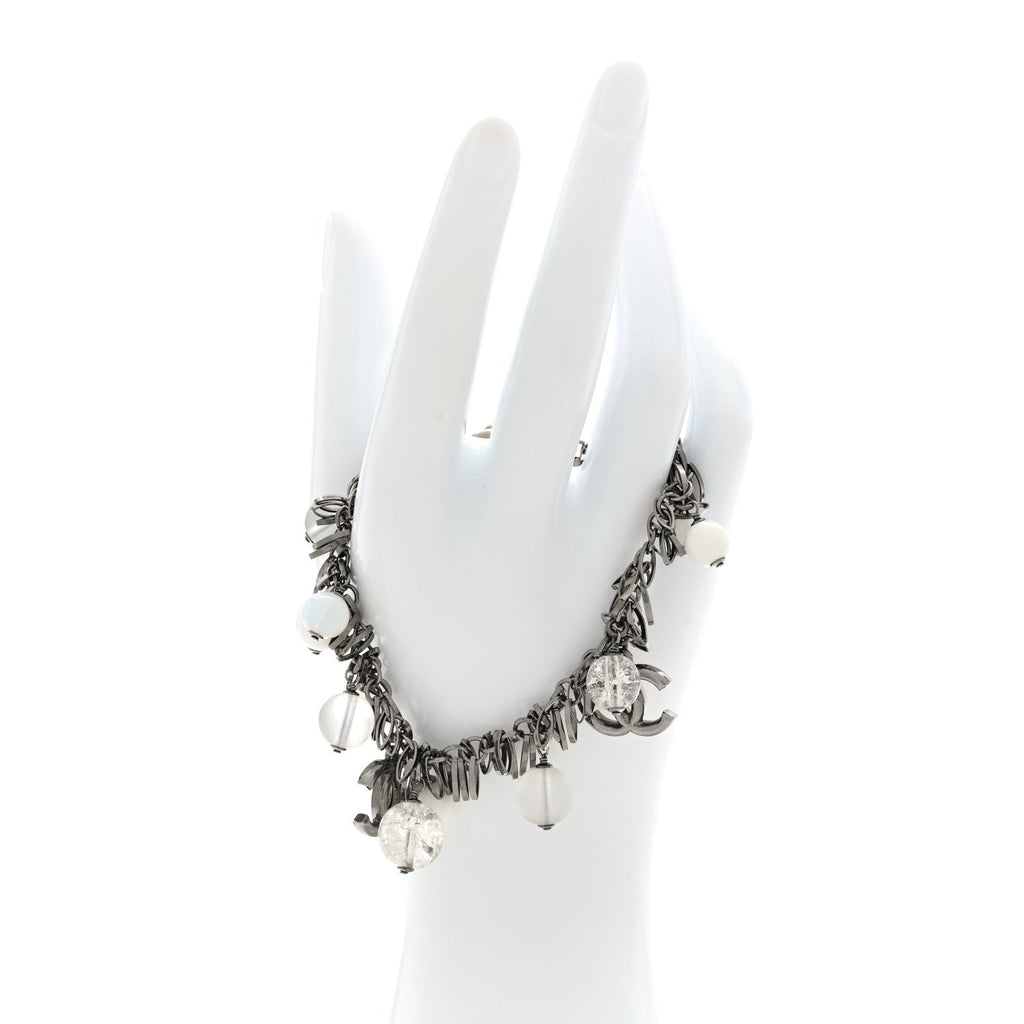 Metal Crystal CC Bead Charm Bracelet Ruthenium Gold White