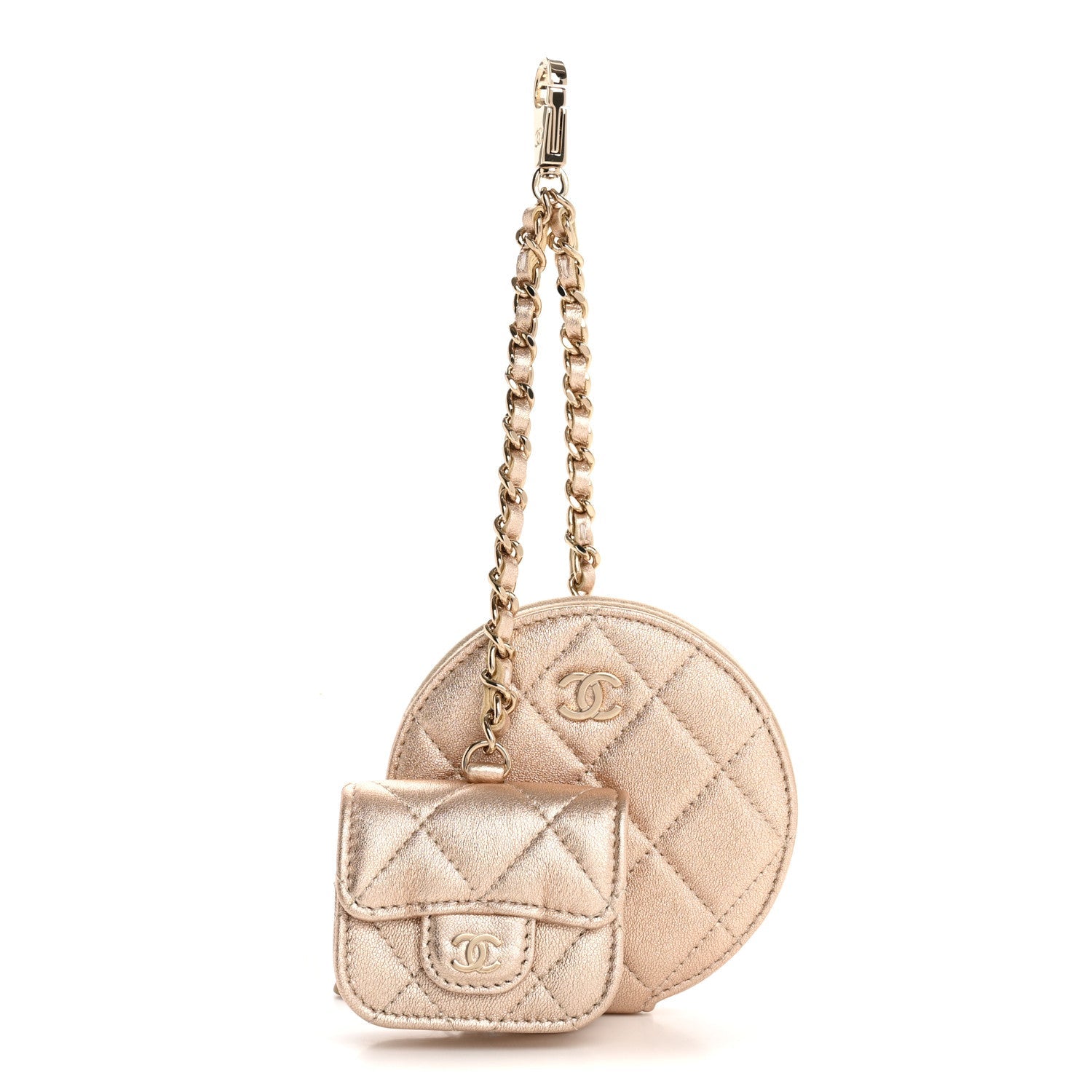 Metallic Lambskin Quilted Round Clip On Coin Purse Airpods Case Gold