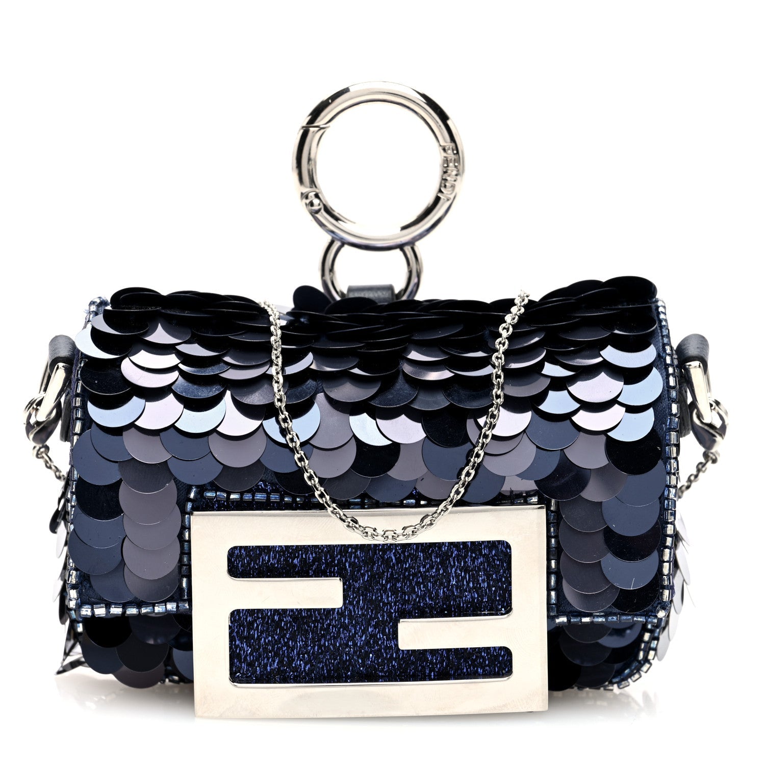 Sequin Paillettes Shiny Nappa Sex and the City Nano Maxi Buckle Baguette Charm Dark Blue