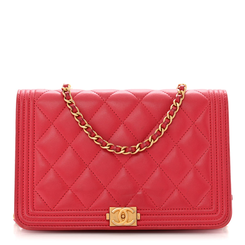 Lambskin Quilted Boy Wallet On Chain WOC Dark Fuchsia