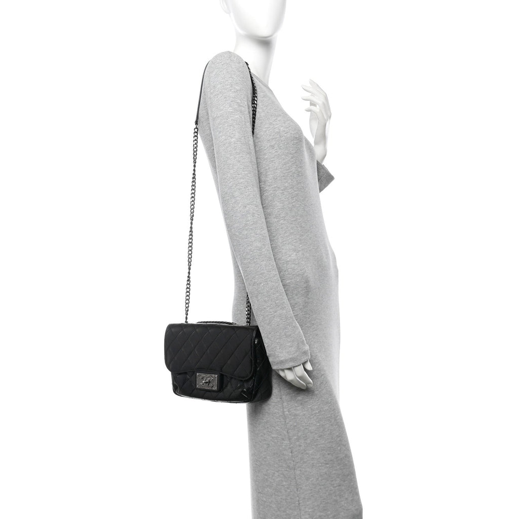 Shiny Goatskin Quilted Medium Flap Black