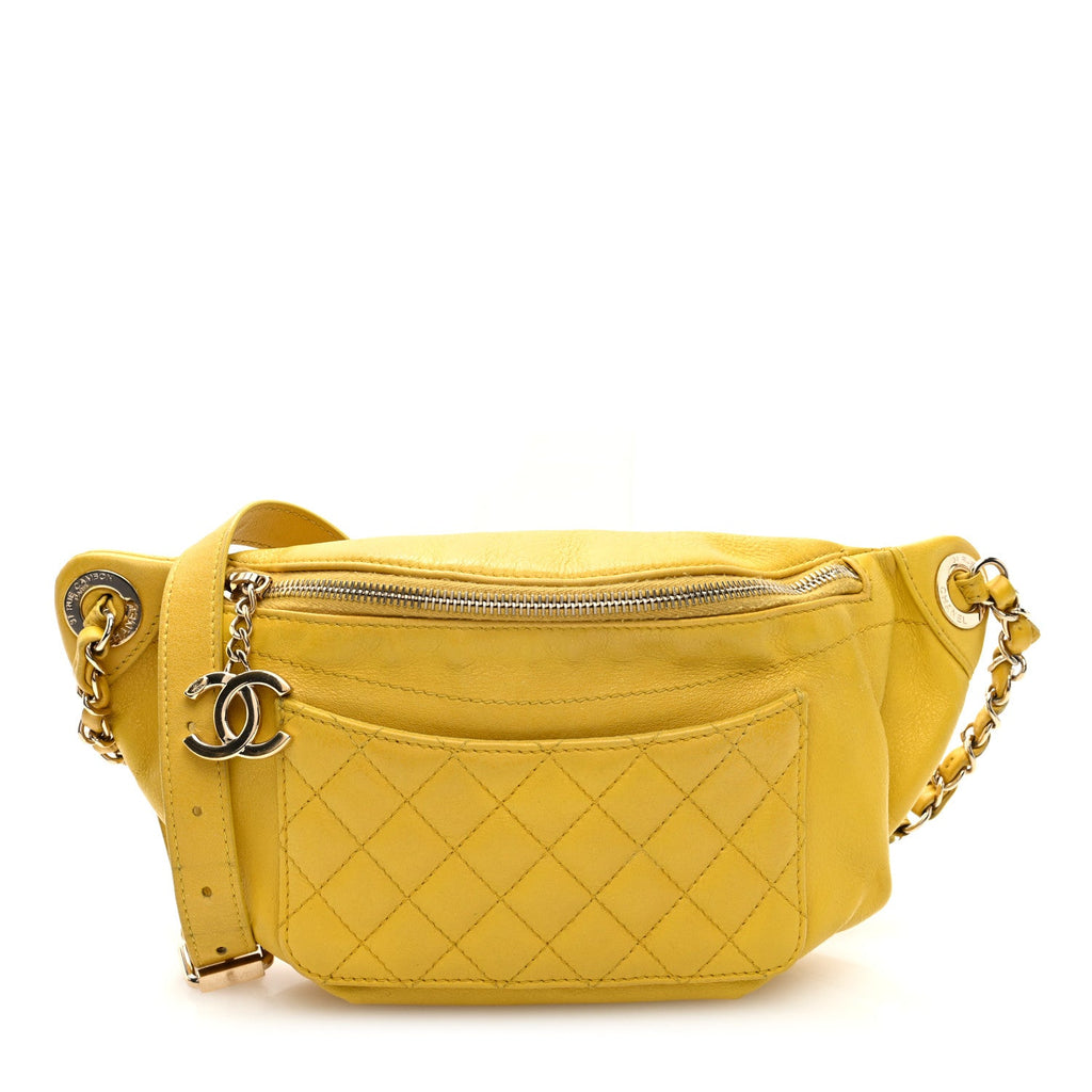Crumpled Glazed Lambskin Quilted Waist Bag Fanny Pack Yellow