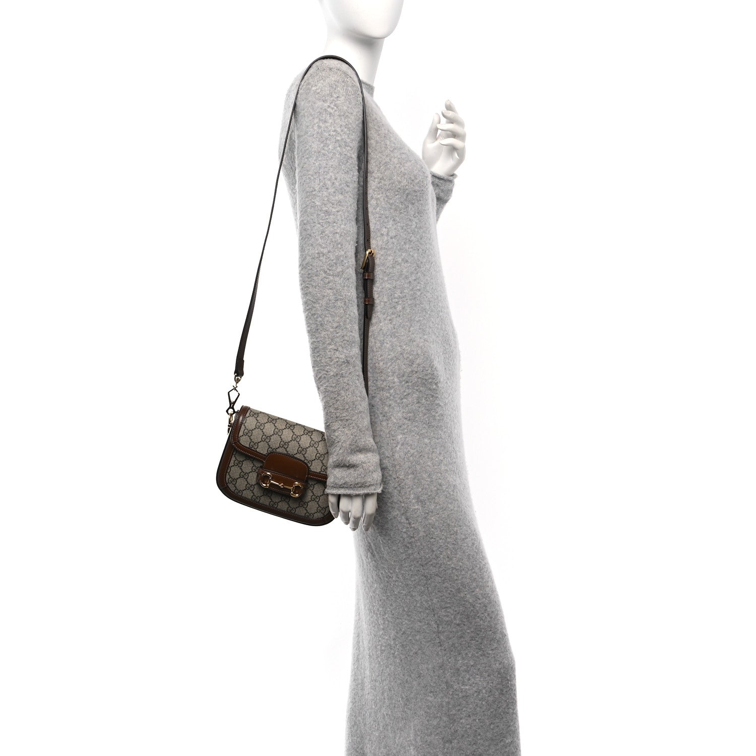 GG Supreme Monogram Web Mini Horsebit 1955 Shoulder Bag Beige Brown Sugar