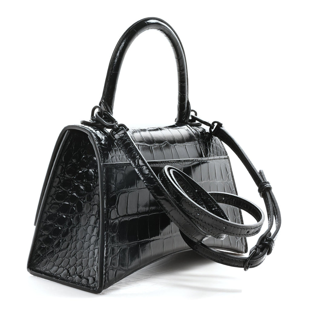 Shiny Calfskin Monochrome Crocodile Embossed Small Hourglass Top Handle Bag Black