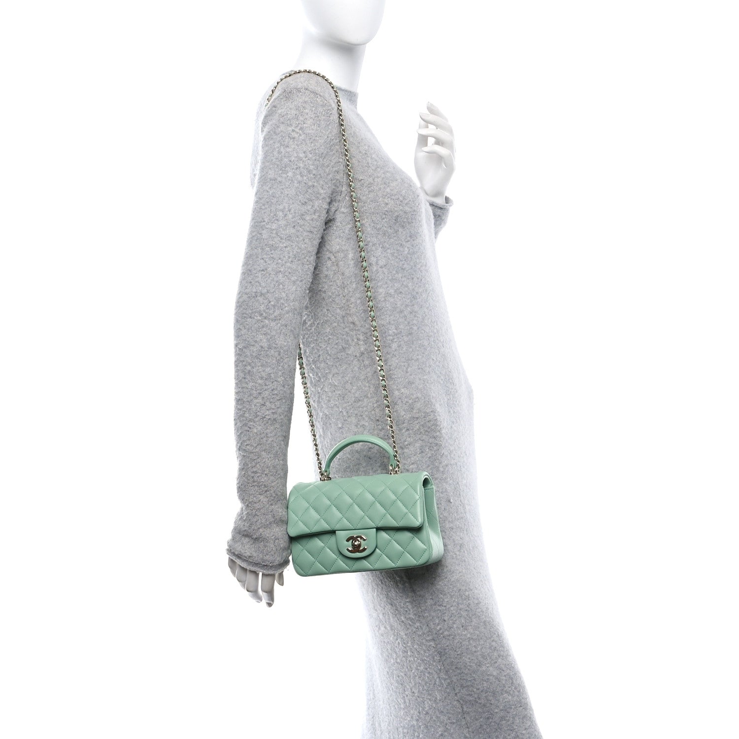 Lambskin Quilted Mini Top Handle Rectangular Flap Light Green
