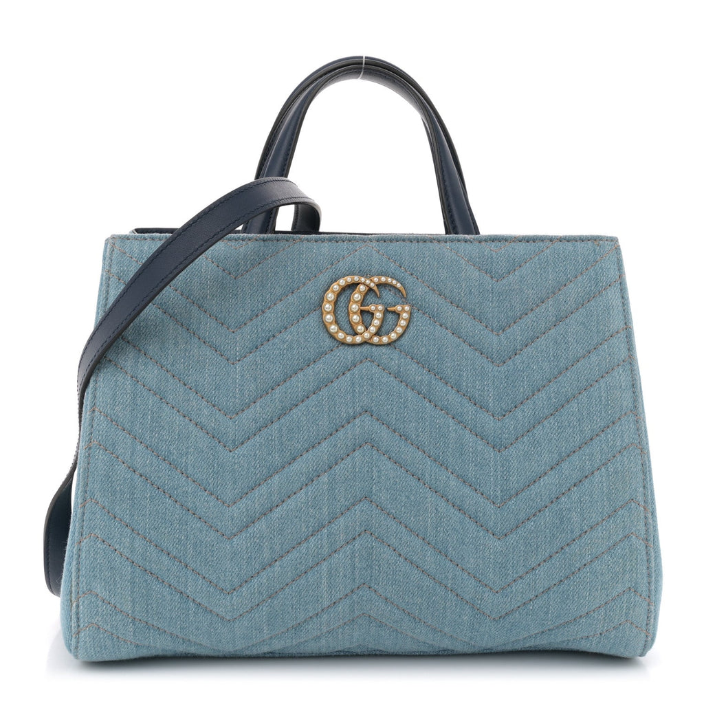 Denim Matelasse Small Pearly GG Marmont Tote Blue