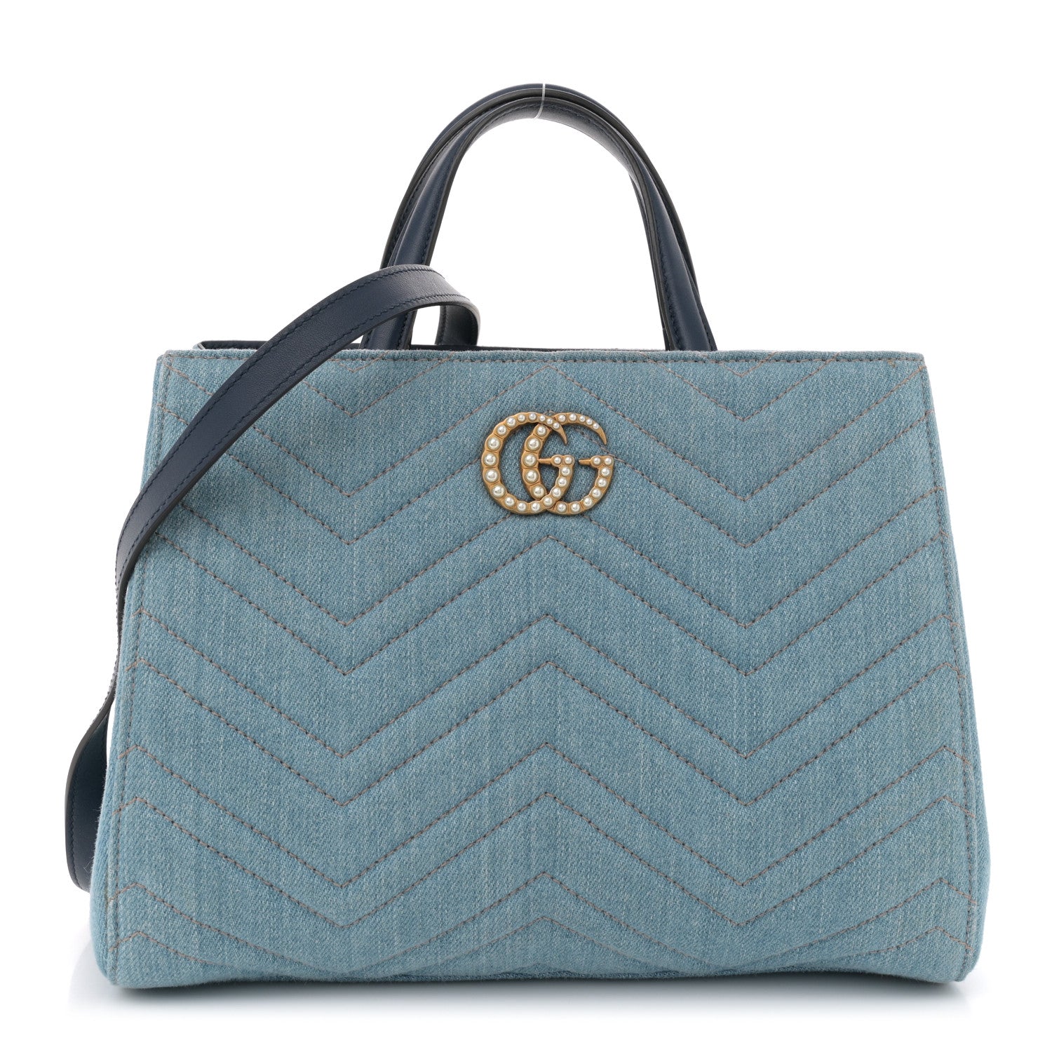 Denim Matelasse Small Pearly GG Marmont Tote Blue