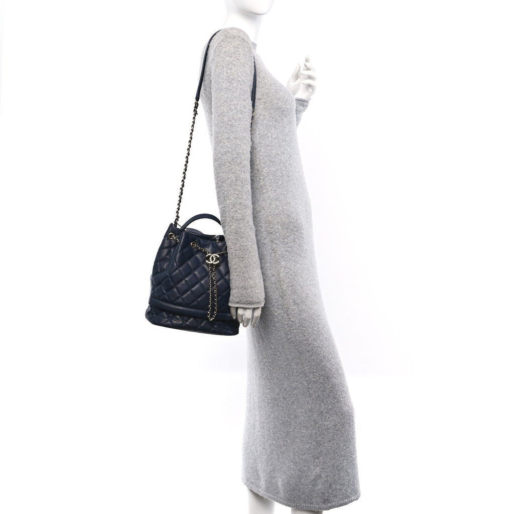 Caviar Quilted Large Rolled Up Bucket Drawstring Bag Navy