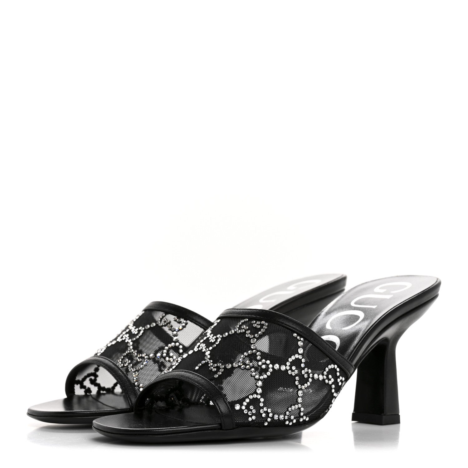 Tela Retino Kid Scamosciato Crystal GG Monogram Square Demi Mule Sandals 35.5 Black