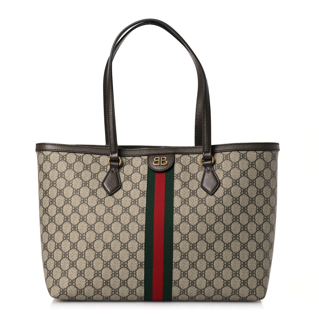 X BALENCIAGA BB Supreme Monogram Web Medium Ophidia Shopping Tote Beige New Acero