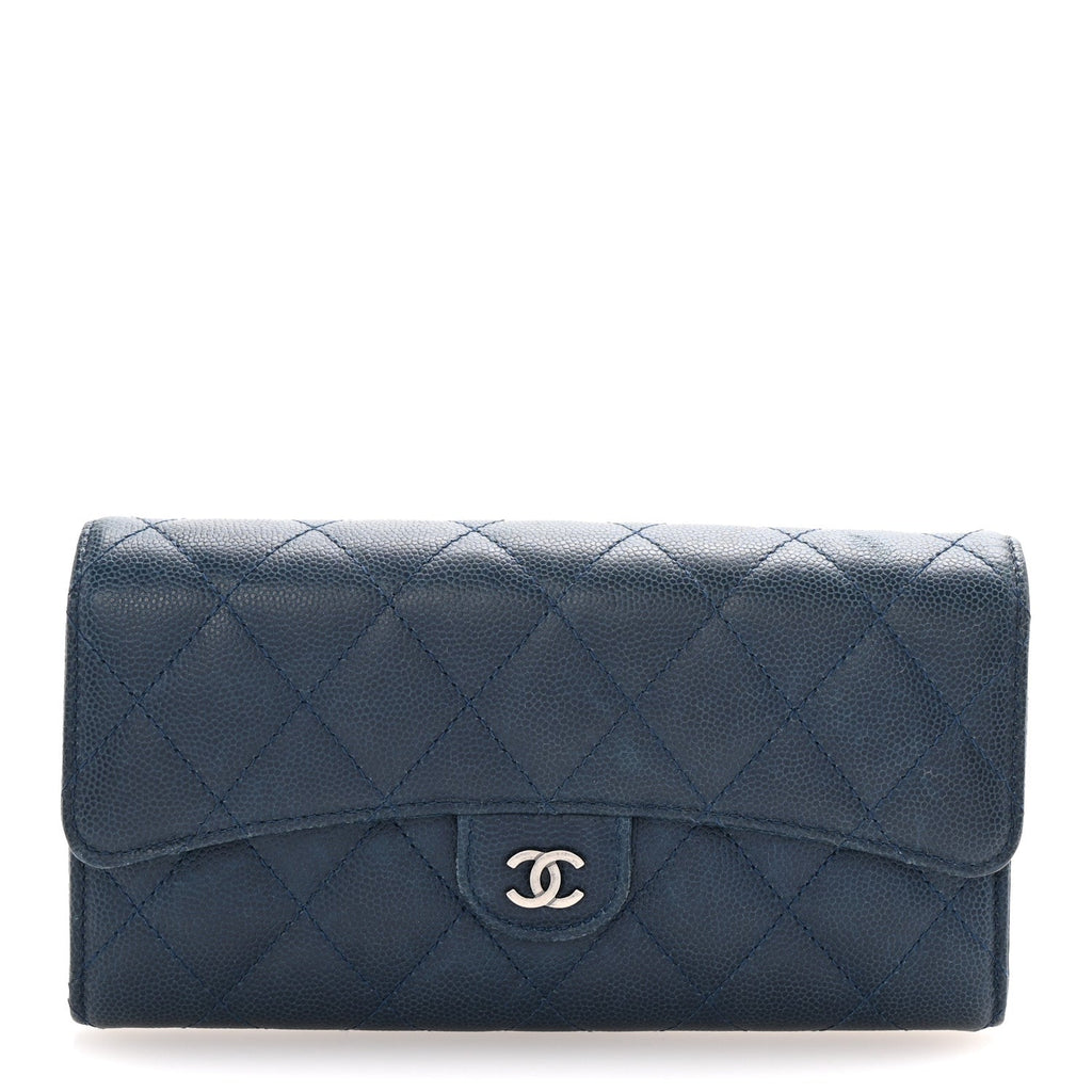 Caviar Quilted Large Gusset Flap Wallet Navy