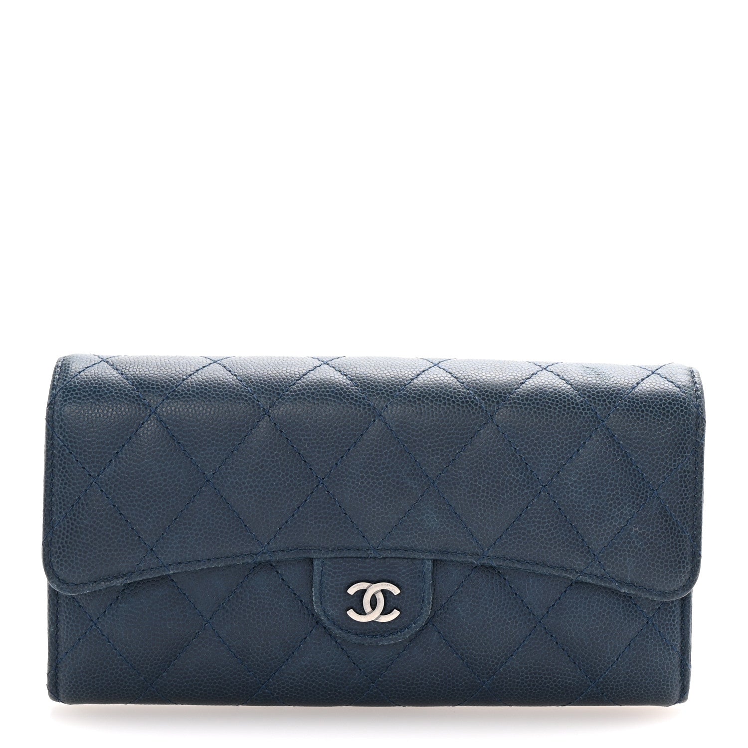 Caviar Quilted Large Gusset Flap Wallet Navy