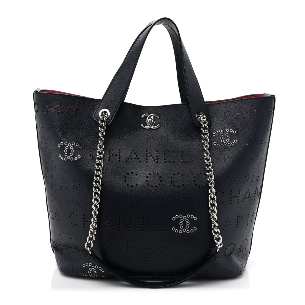Calfskin Tweed Small Logo Eyelets Shopping Tote Navy Blue