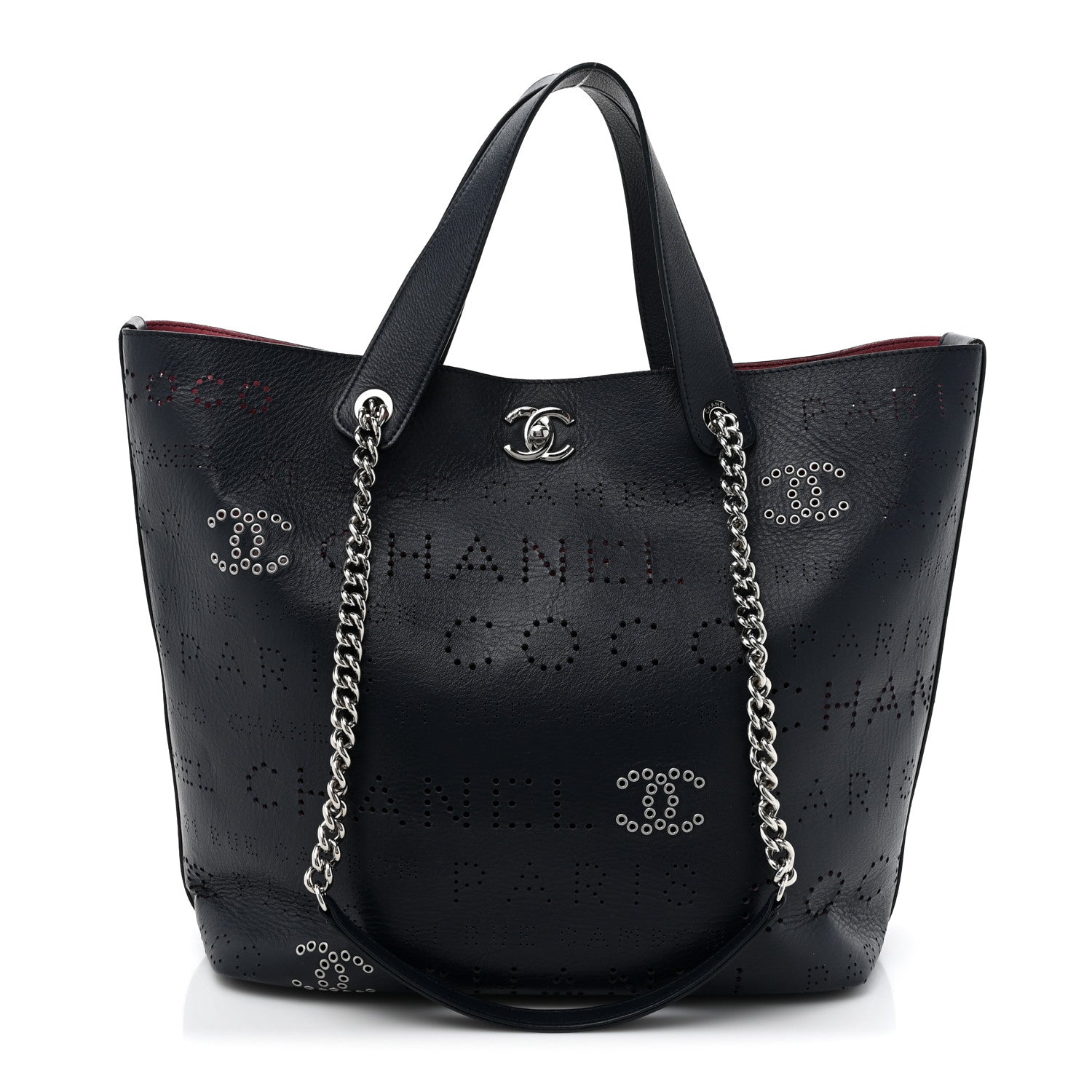 Calfskin Tweed Small Logo Eyelets Shopping Tote Navy Blue