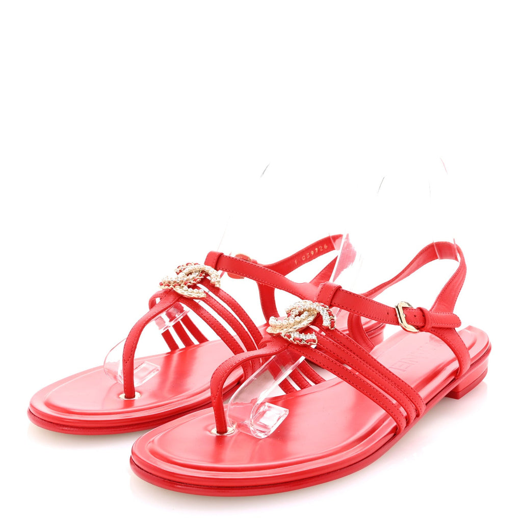 Lambskin Pearl Crystal CC Thong Sandals 38.5 Red
