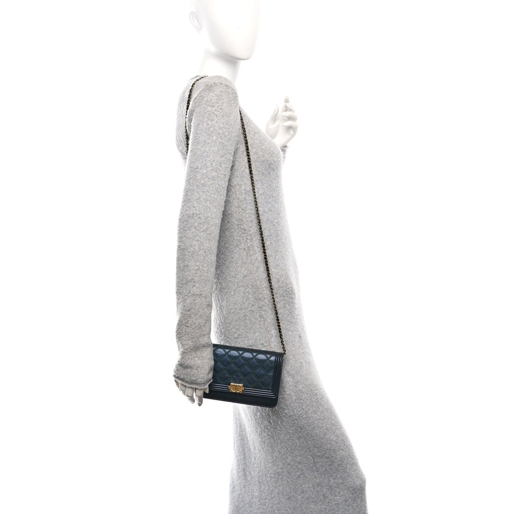 Calfskin Double Stitch Boy Wallet On Chain WOC Navy