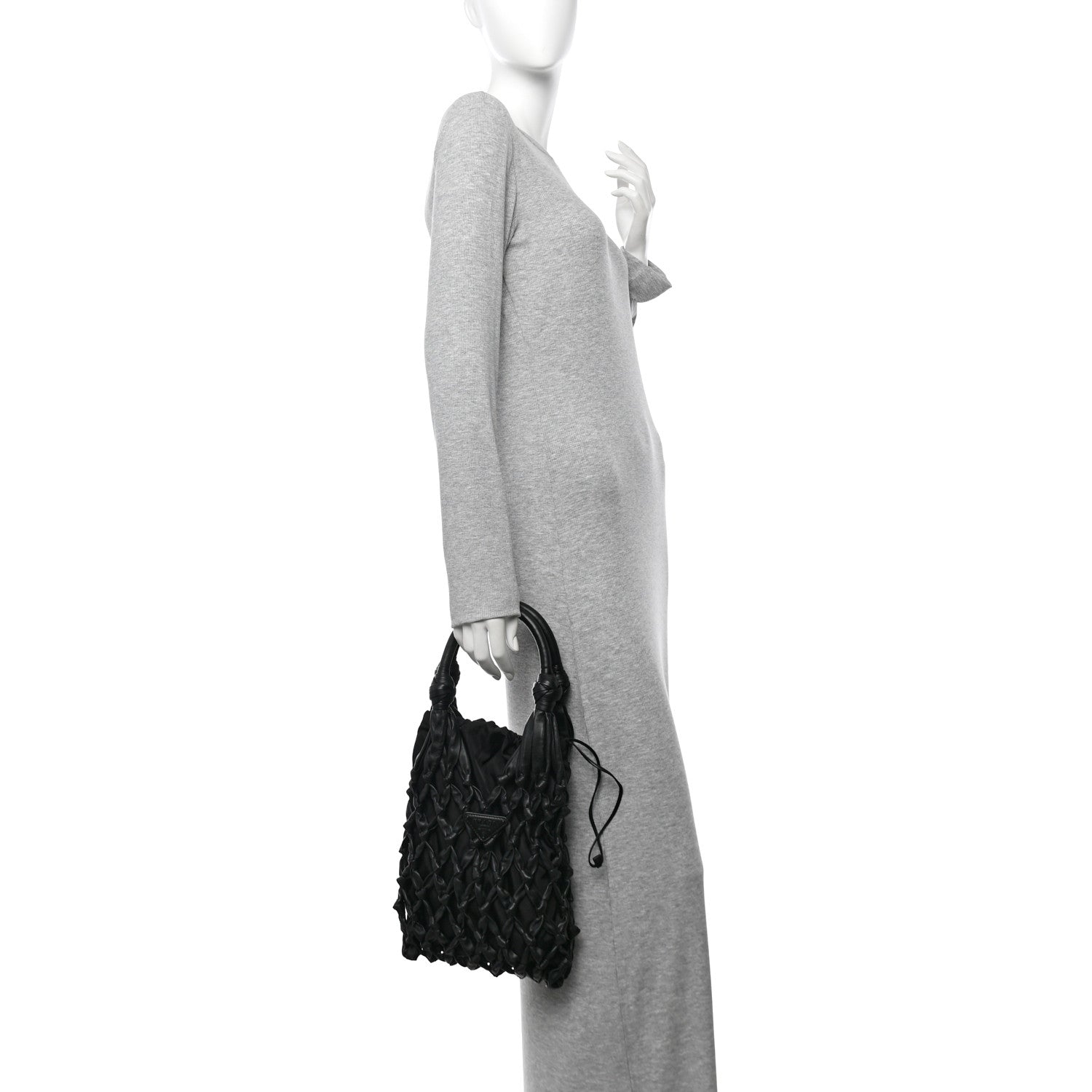Nylon Calfskin Rete Top Handle Bag Black