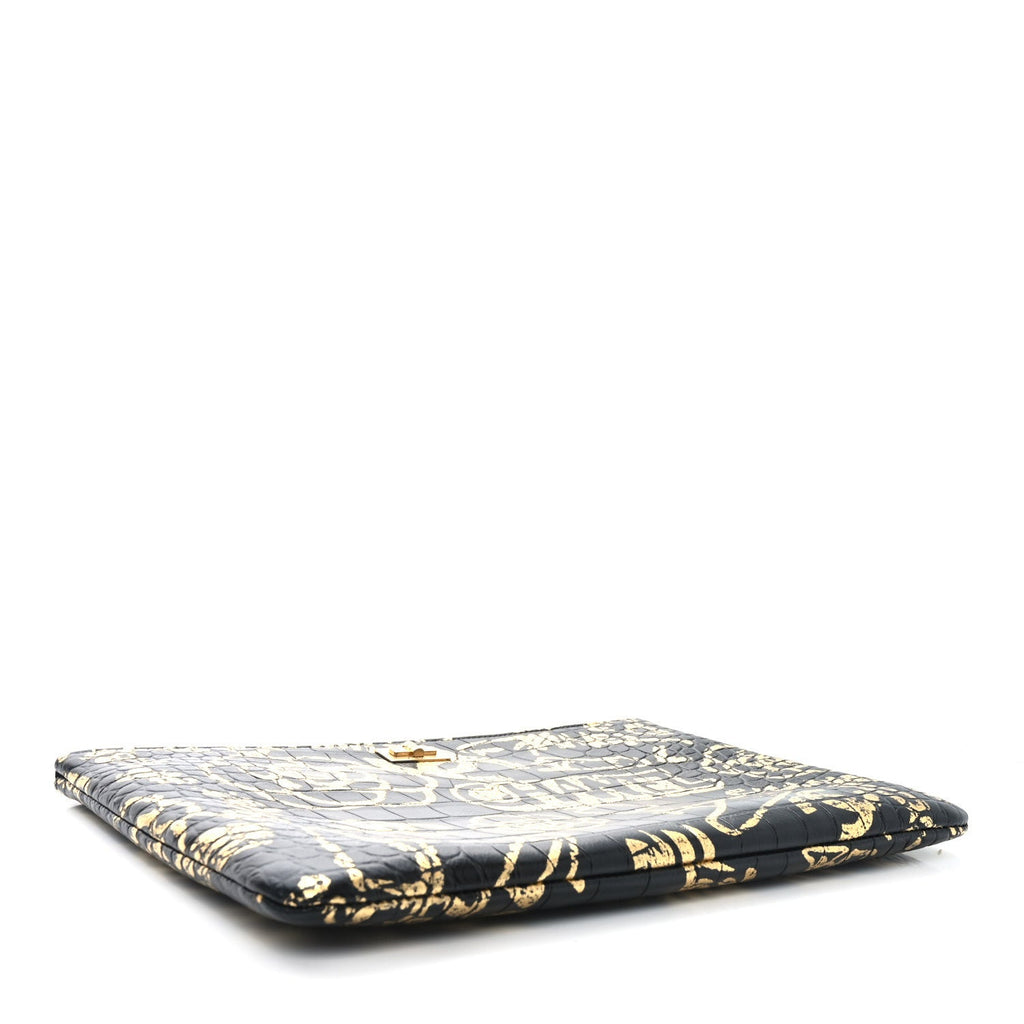 Calfskin Crocodile Embossed Graffiti 2.55 Medium Cocodile Reissue Cosmetic Case Black Gold