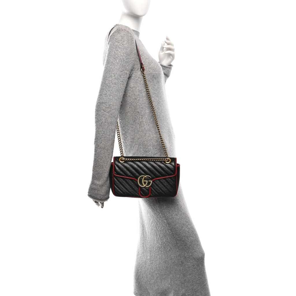 Vintage Effect Calfskin Matelasse Diagonal Small Torchon GG Marmont Shoulder Bag Black Romantic Cherry