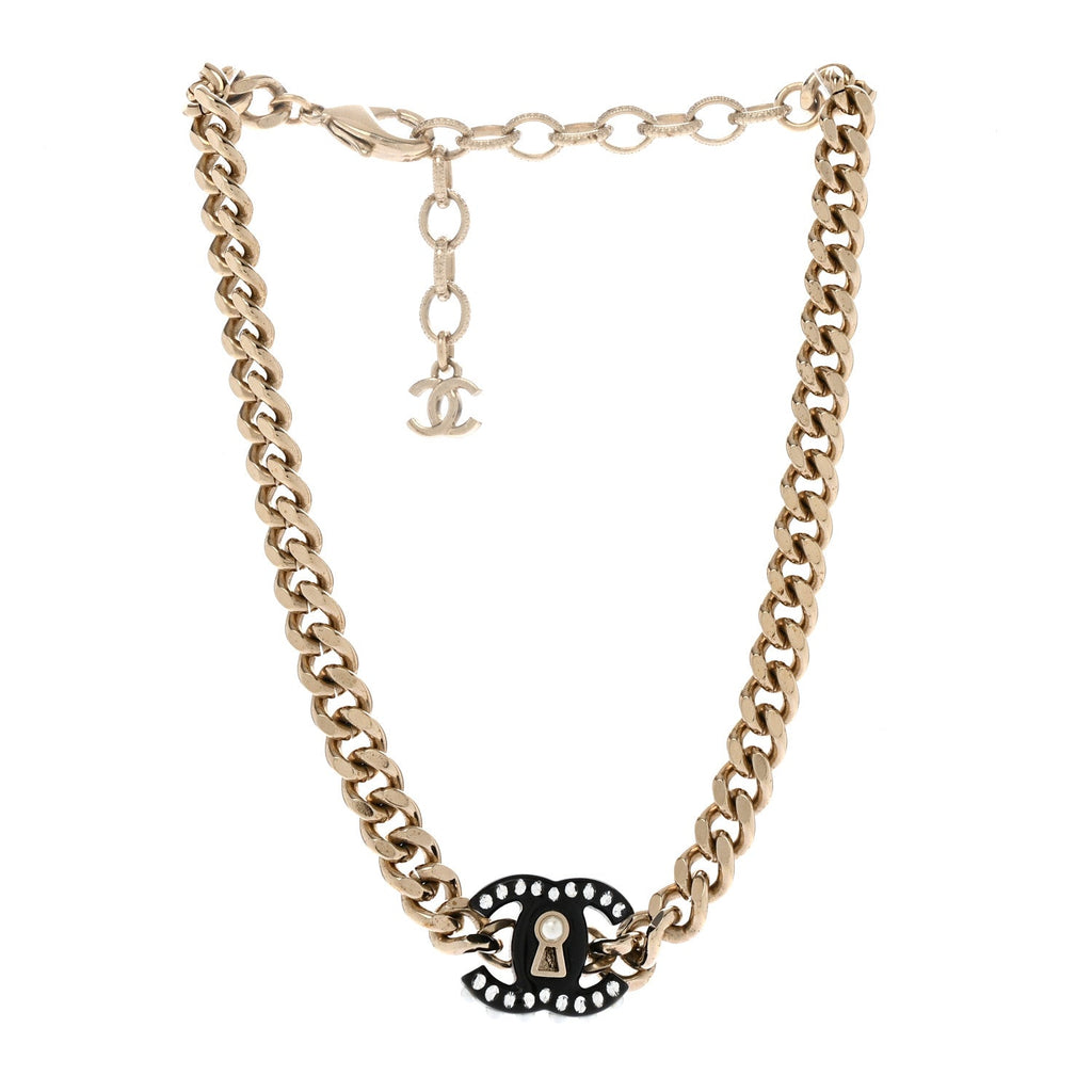 Crystal Pearl CC Lock Short Necklace Gold Black