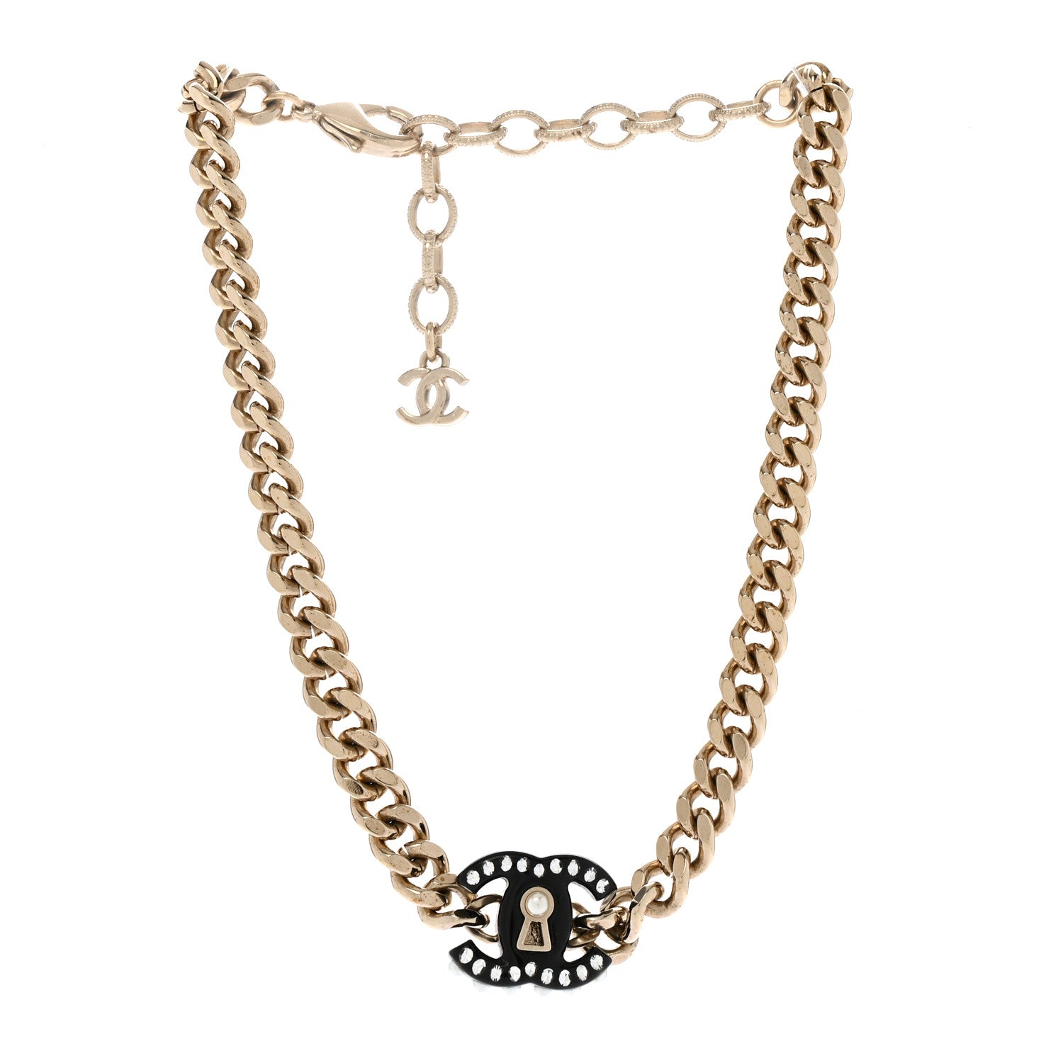 Crystal Pearl CC Lock Short Necklace Gold Black