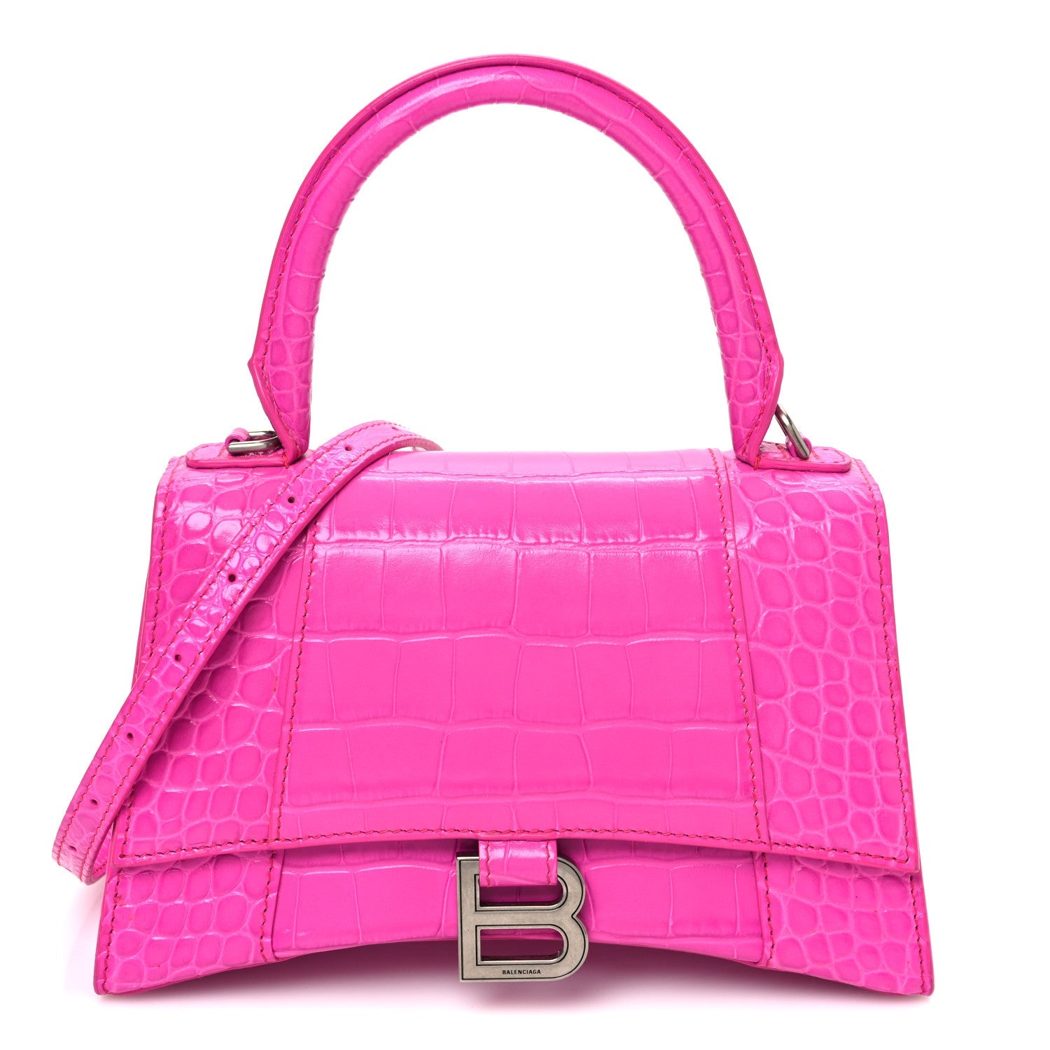 Shiny Calfskin Crocodile Embossed Small Hourglass Top Handle Bag Fuchsia
