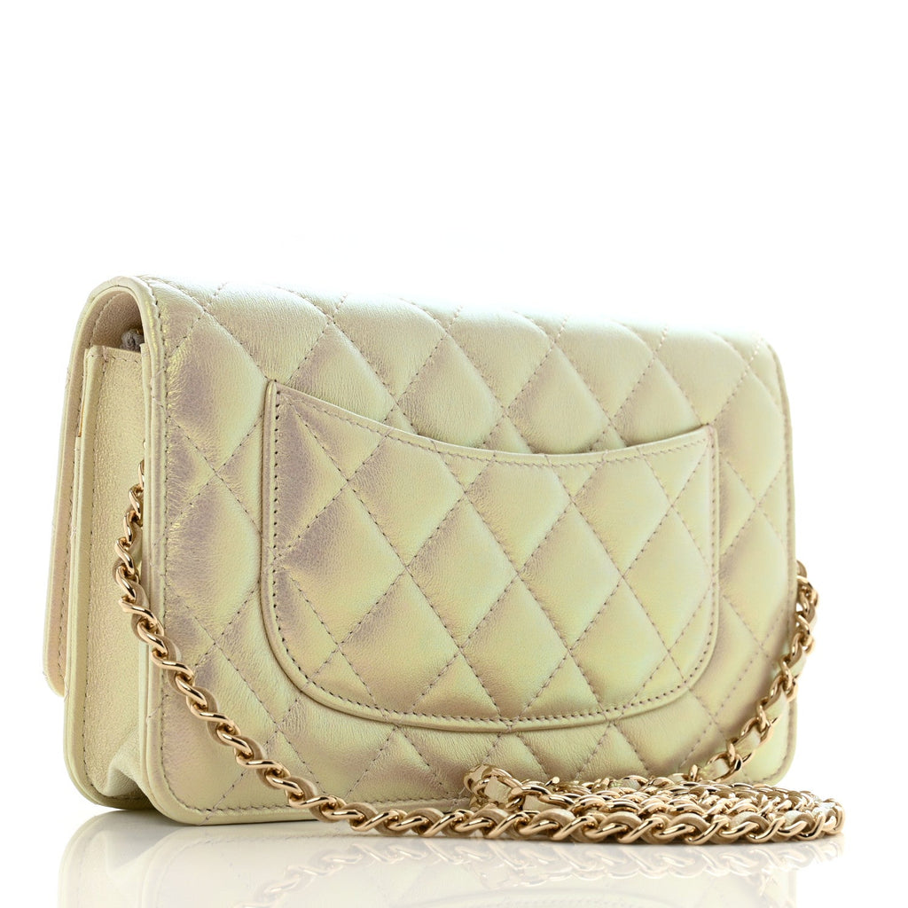 Iridescent Lambskin Quilted Wallet On Chain WOC Ivory