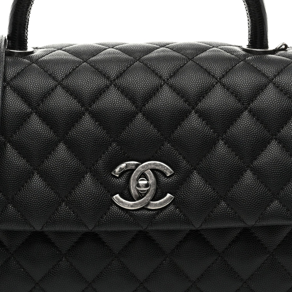 Caviar Lizard Embossed Quilted Small Coco Handle Flap Black