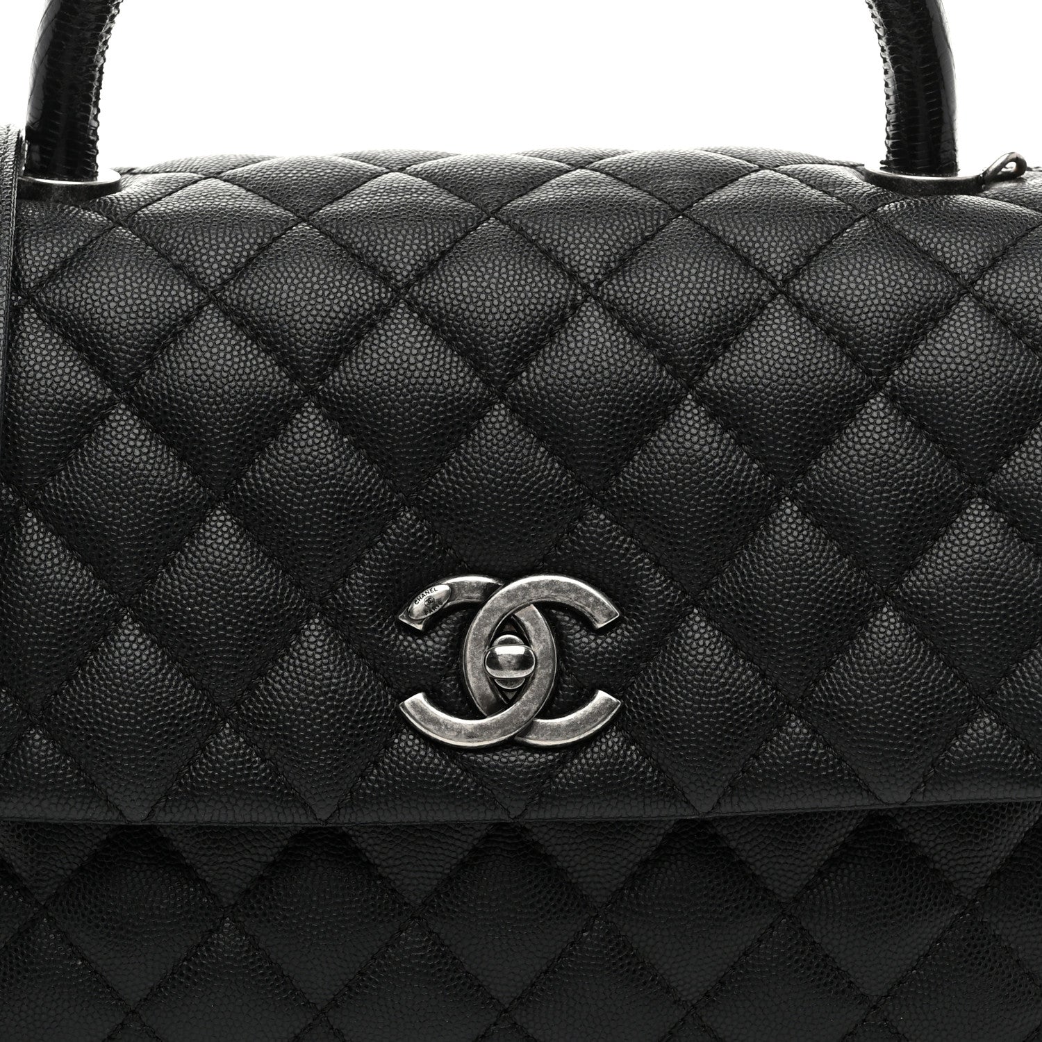 Caviar Lizard Embossed Quilted Small Coco Handle Flap Black