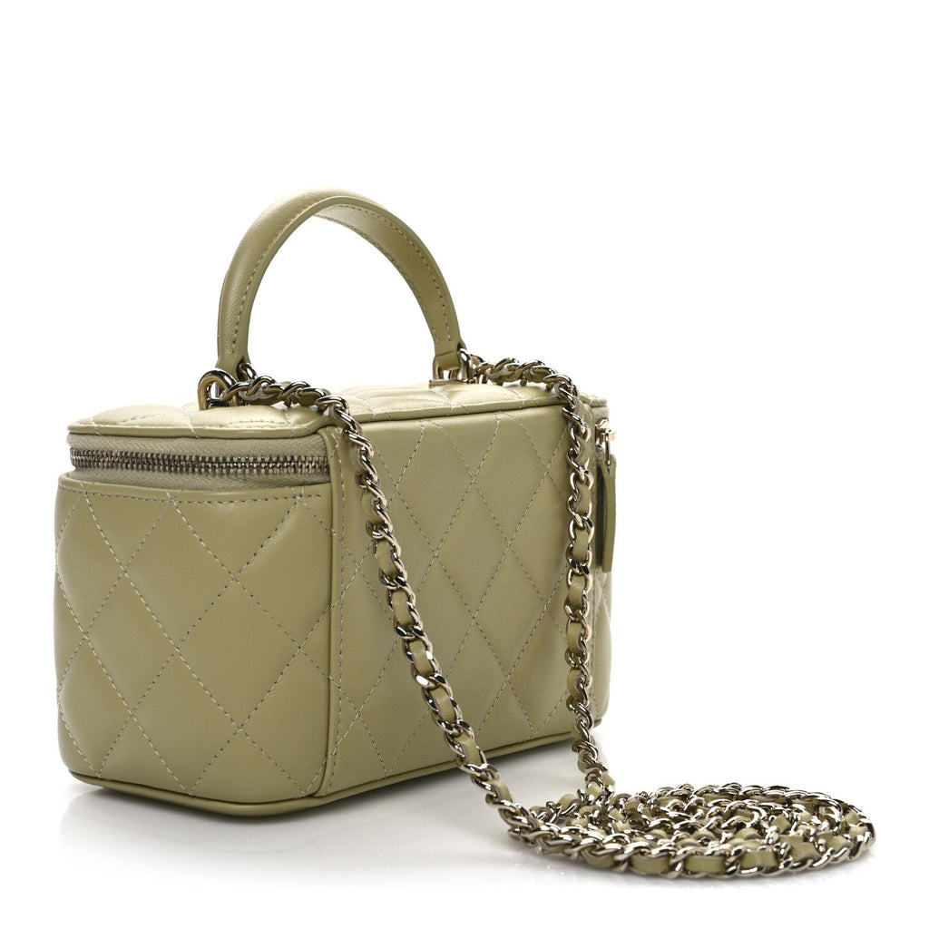 Lambskin Quilted Small Top Handle Vanity Case With Chain Light Green