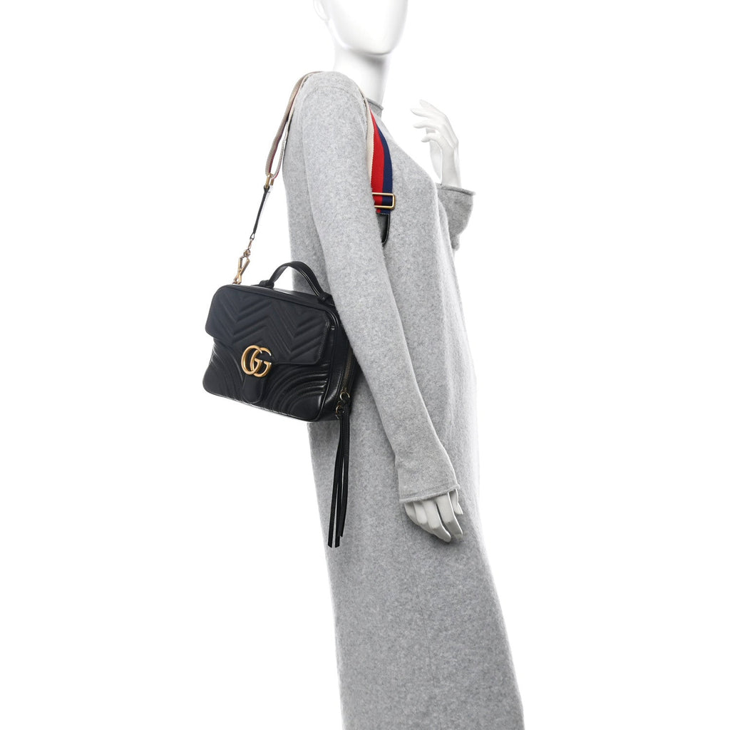 Calfskin Matelasse Sylvie Web Small GG Marmont Top Handle Shoulder Bag Black