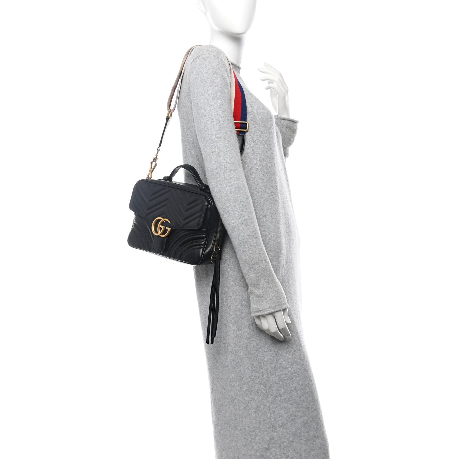 Calfskin Matelasse Sylvie Web Small GG Marmont Top Handle Shoulder Bag Black