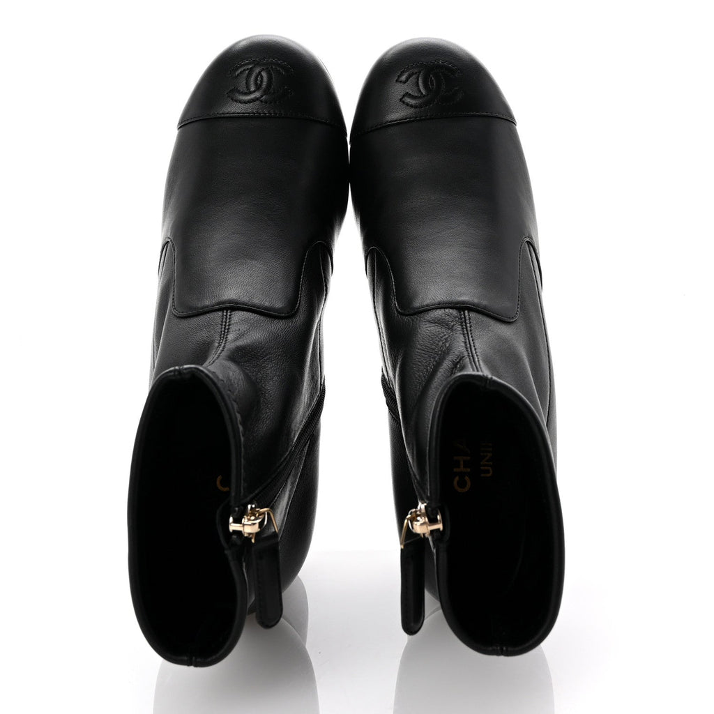 Stretch Lambskin Cap Toe CC Short Boots 37.5 Black