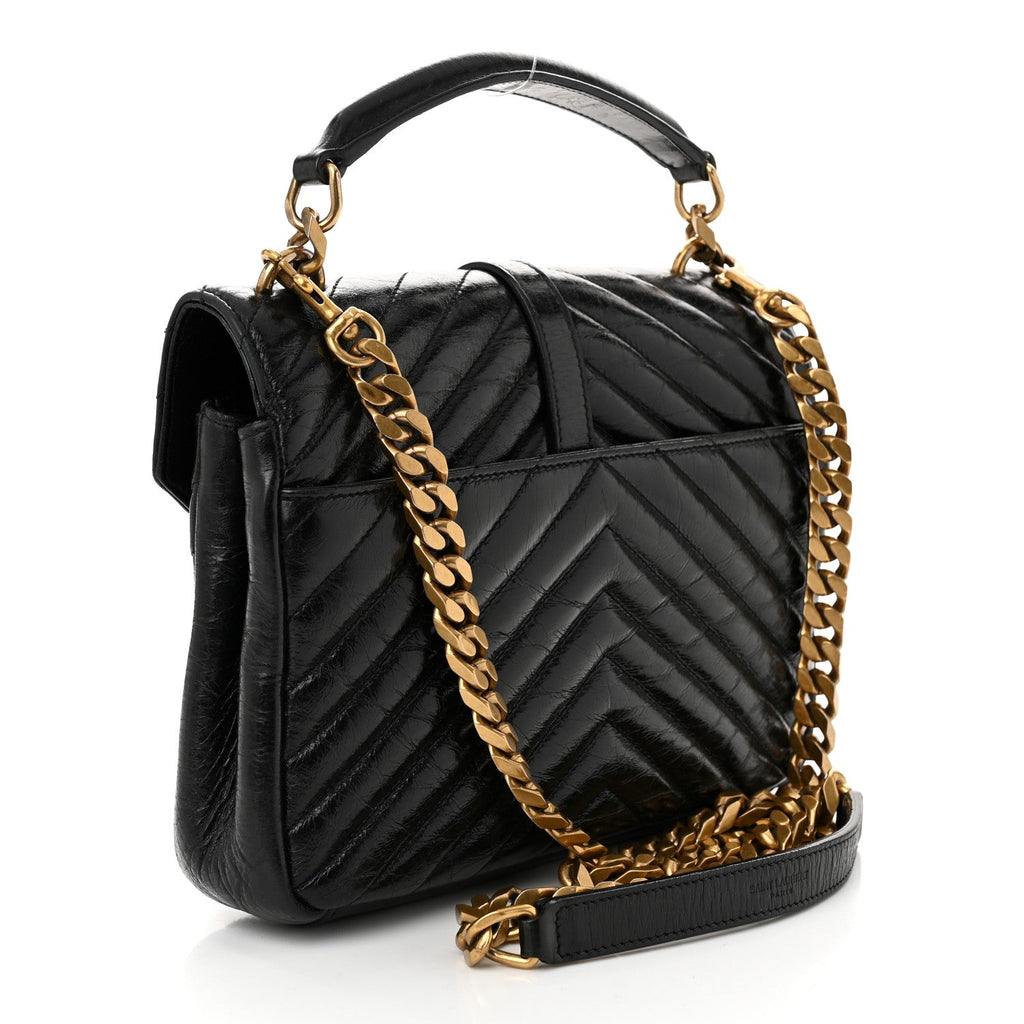 Cracked Shiny Calfskin Matelasse Chevron Monogram Medium College Bag Black