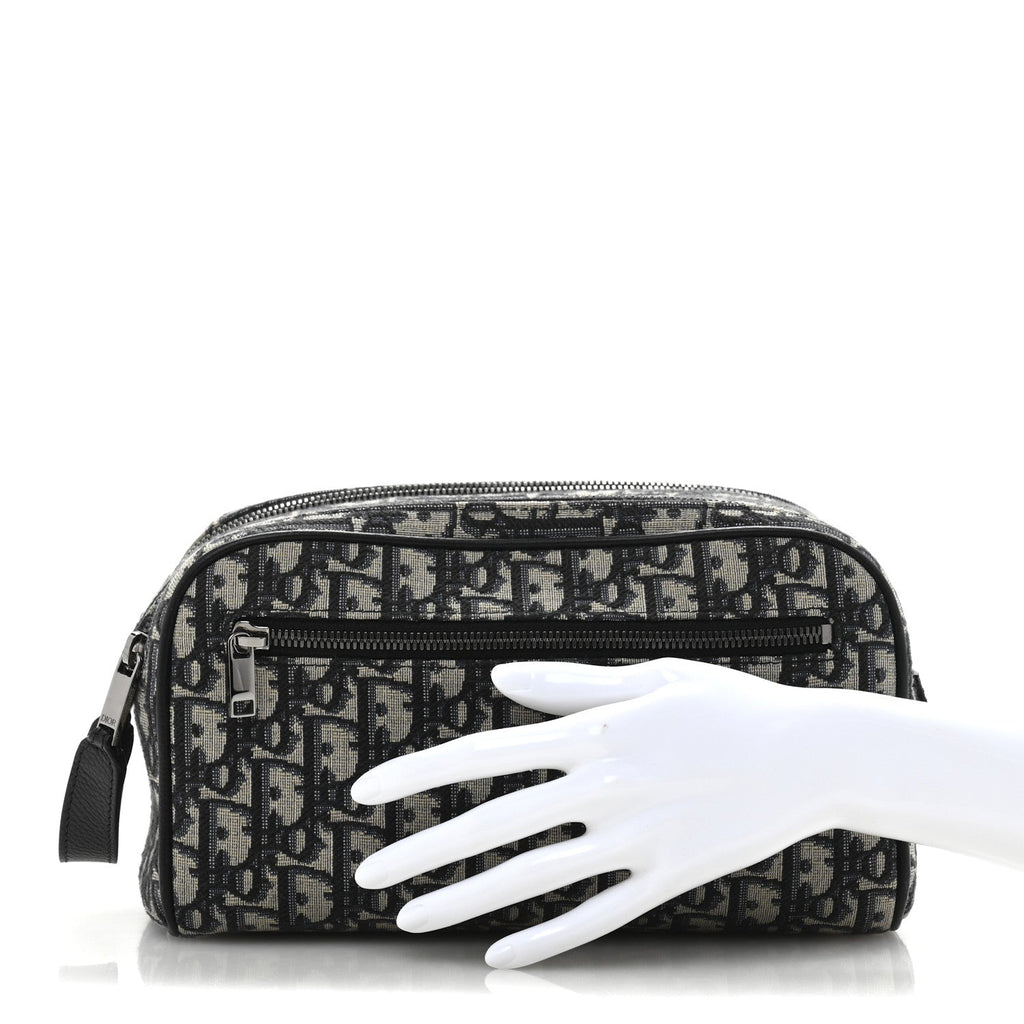 Oblique Jacquard Grained Calfskin Toiletry Bag Blue Black