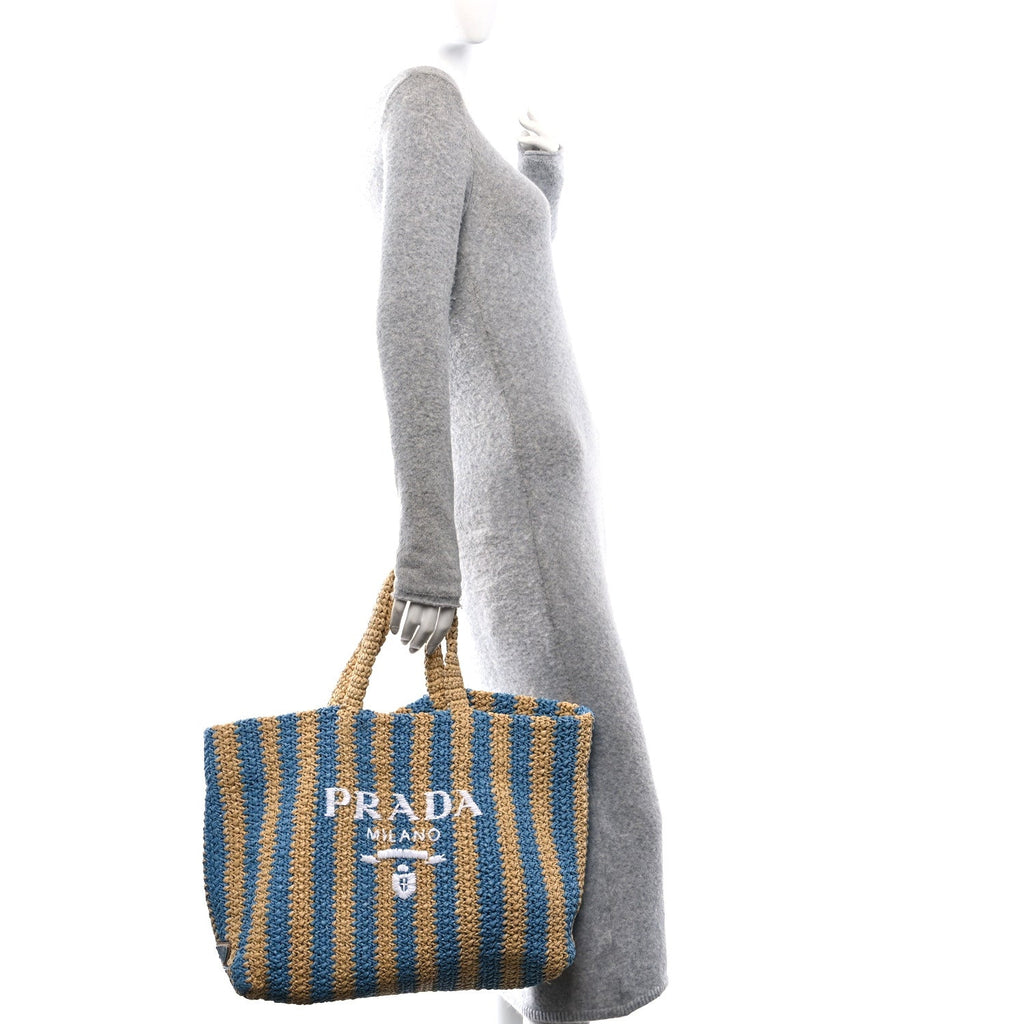 Yarn Raffia Effect Crochet Striped Large Logo Tote Naturale Celeste
