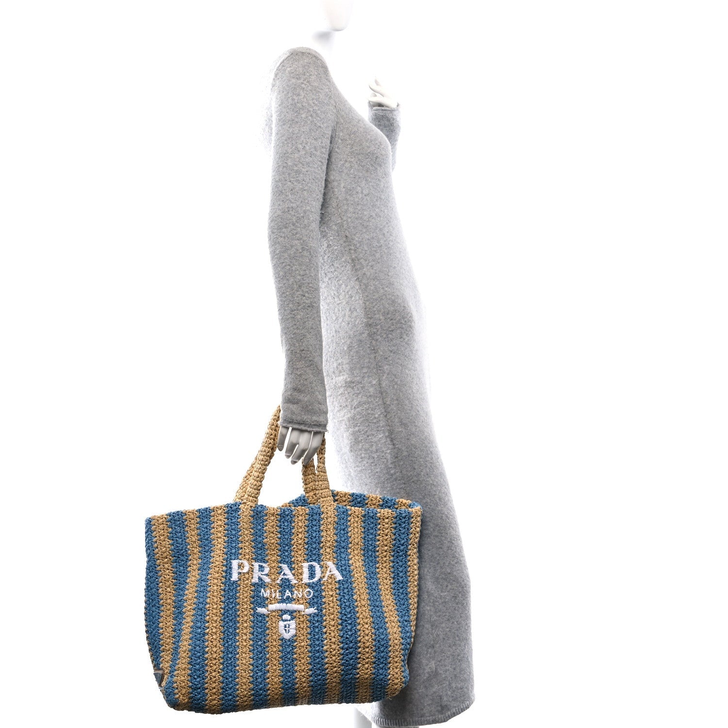 Yarn Raffia Effect Crochet Striped Large Logo Tote Naturale Celeste