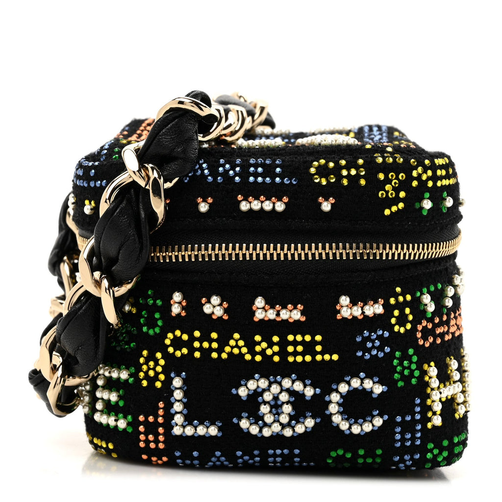 Tweed Pearl Studded Vanity Wrist Case With Chain Black Multicolor